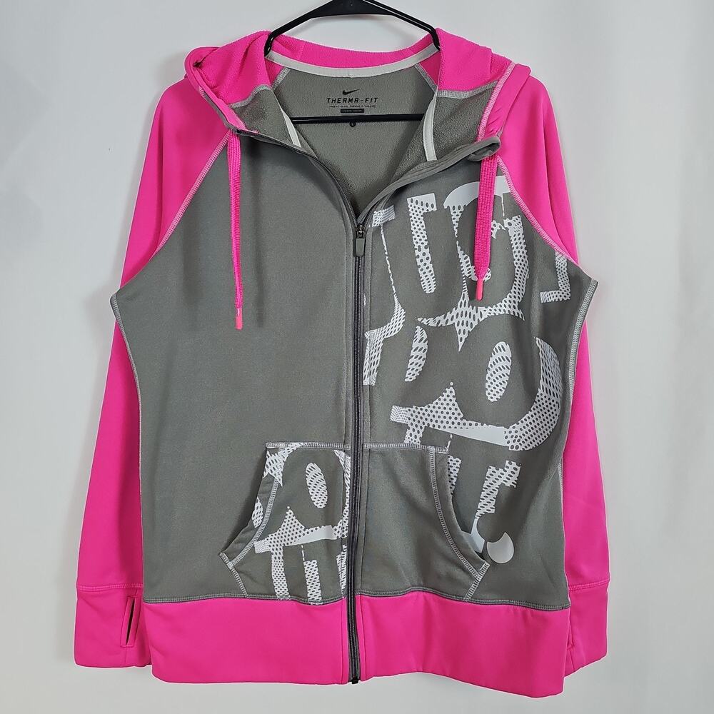 NIKE THERMA-FIT Womens Hoodie Full Zip Pink Grey Just Do It Jacket Sweatshirt L
